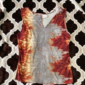 Size M Timeless USA gray, red, and gold tie dyed sleeveless shirt w/ split neck